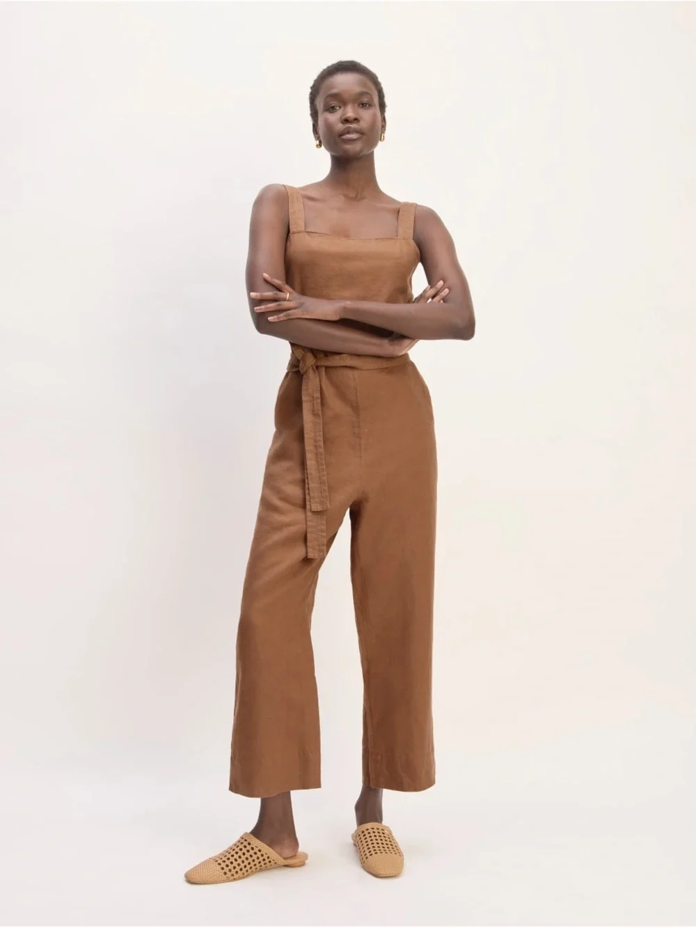Everlane The Linen Side-Button Jumpsuit Wide Leg Brown Pockets 25694
